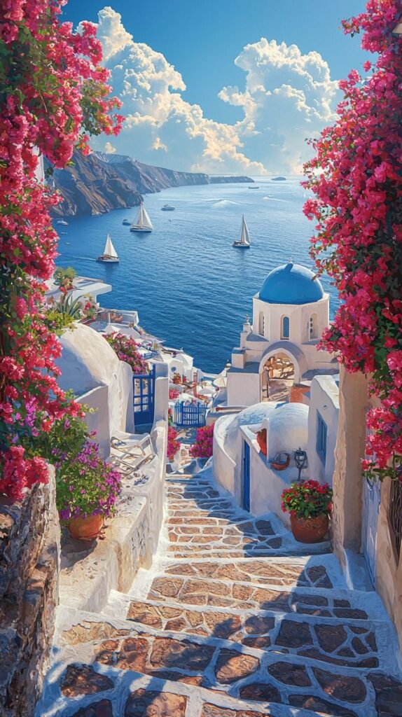 A view of Santorini at sunset Whitewashed buildings with blue domes perched on the cliffs